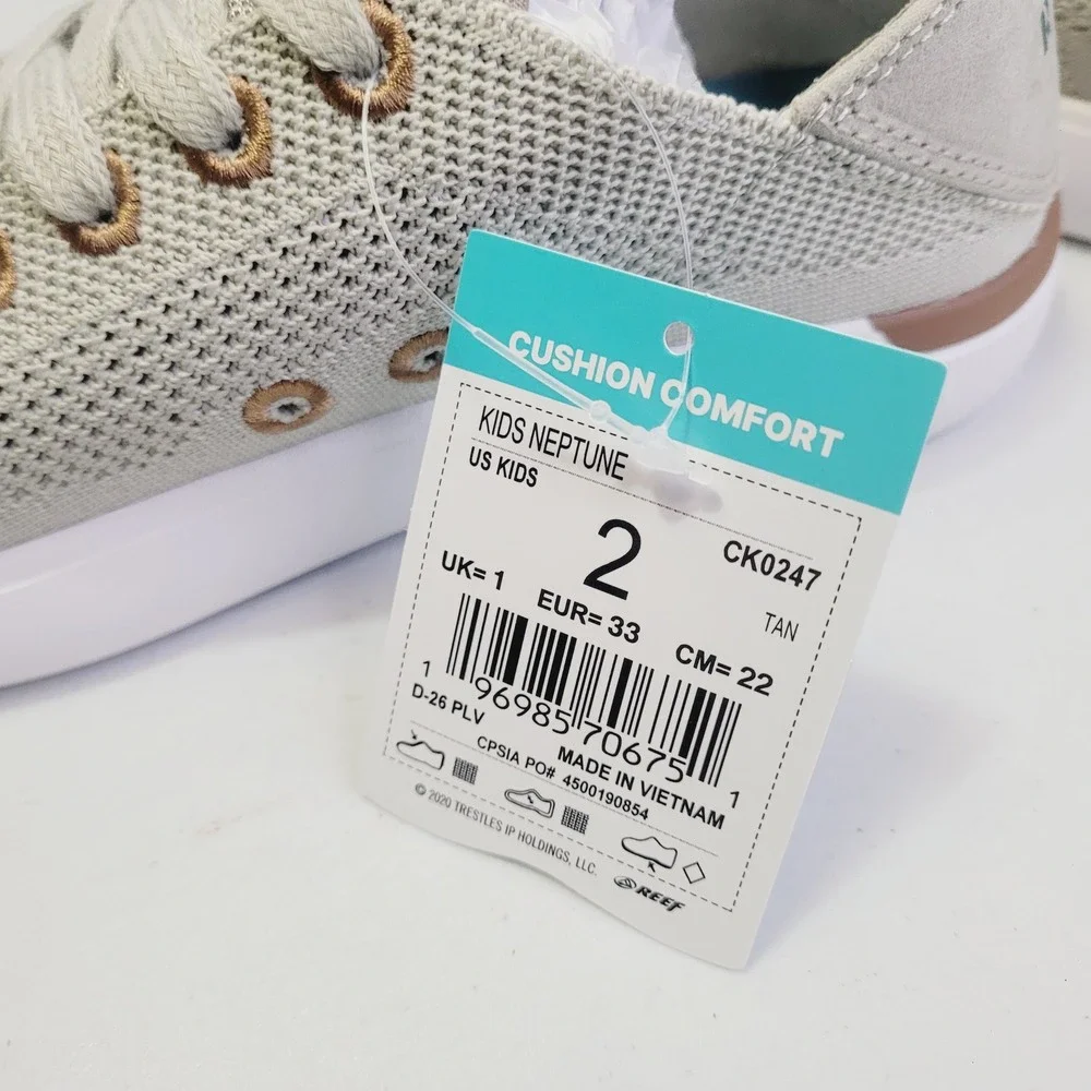 Reef Kids Neptune Sneakers Size 2 Tan Knit Low Top Cushion Comfort CK0247